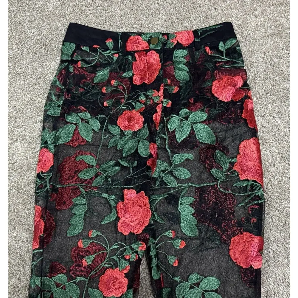 JAGGER & STONE Sheer Red Rose Embroidered Mesh Pants Zip Ankles Floral Size S - Picture 5 of 11
